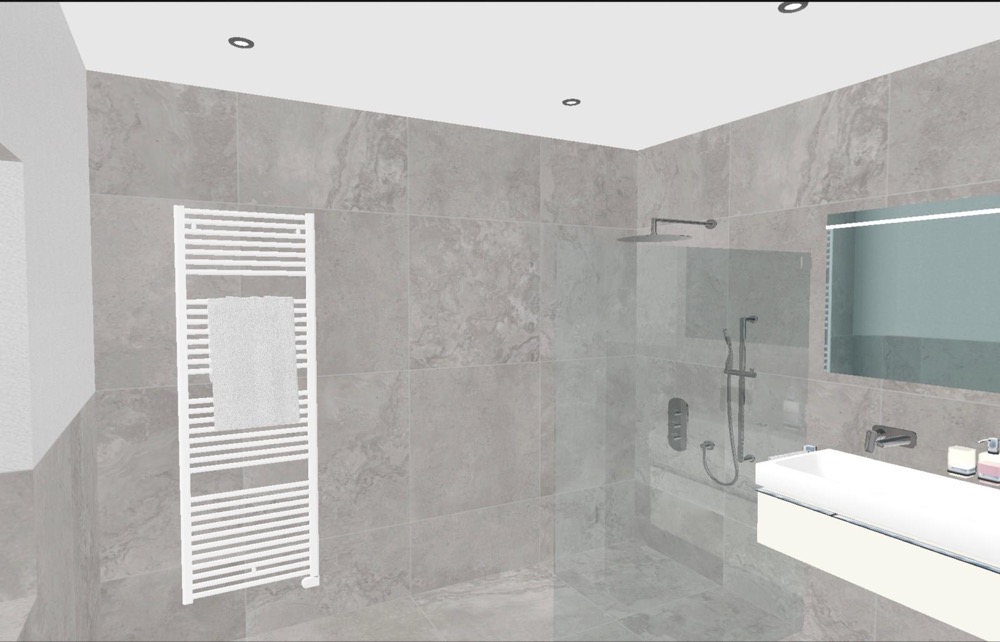 3D-Visualisierung: Bad mit begehbarer Regendusche und Doppelwaschtisch