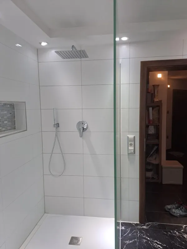 Walk-in-Dusche mit Regenbrause und Glaswand